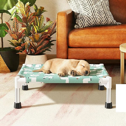 Cute Alpaca Print Elevated Dog Bed - Portable Cooling Pet Cot for Small Dogs - Breathable Thickened Fabric Hammock, Crate Compatible, Indoor & Outdoor Use