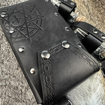 HiiFeuer Medieval Alchemy Faux Leather Belt Bag with 2 Cork Potion Vials, Fantasy Wizard Waist Pouch Side Pack for Ren Faire (Black B)