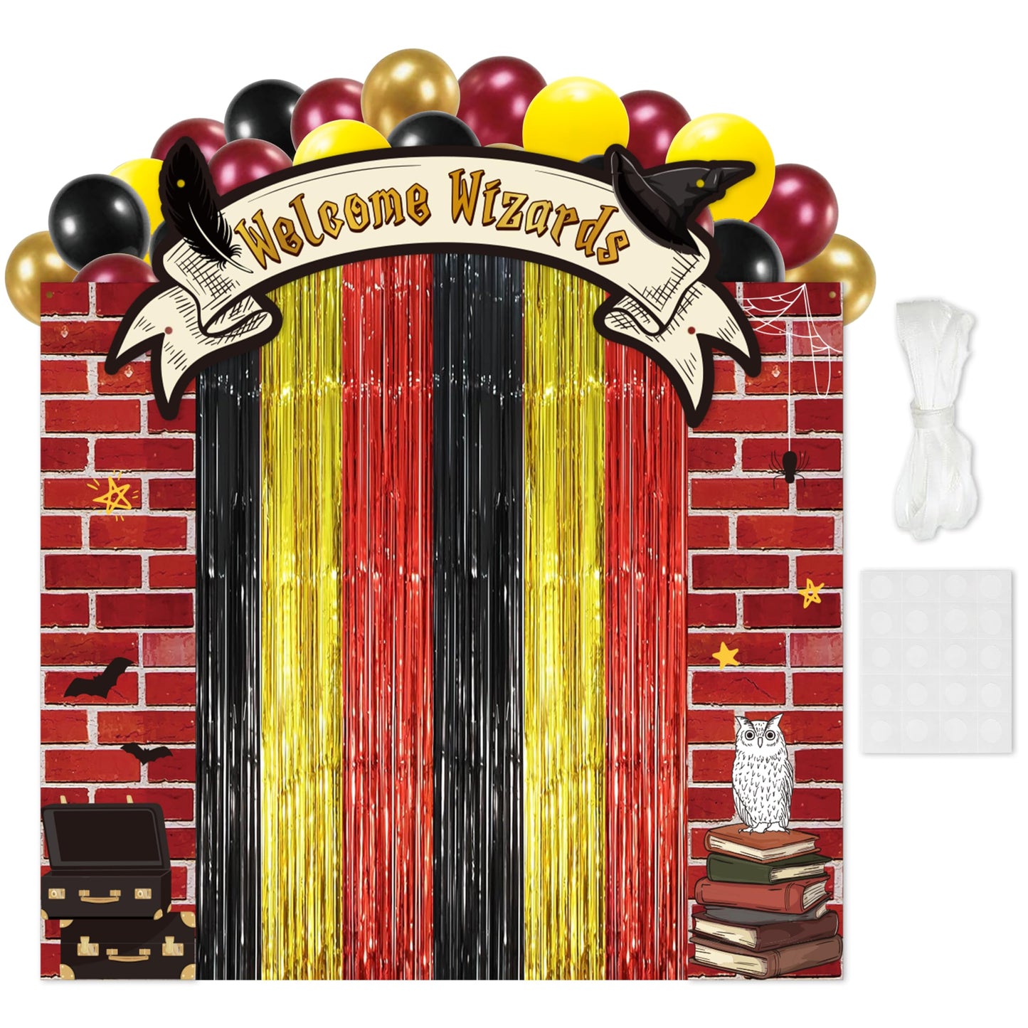 JewGewenil Wizard School Theme Party Banners - 25Pcs Black Red Gold Foil Fringe Backdrop Curtains and Balloon Decoration Set, Magic Inspired Design for Classroom Birthday Photo Booth (Welcome Wizard)