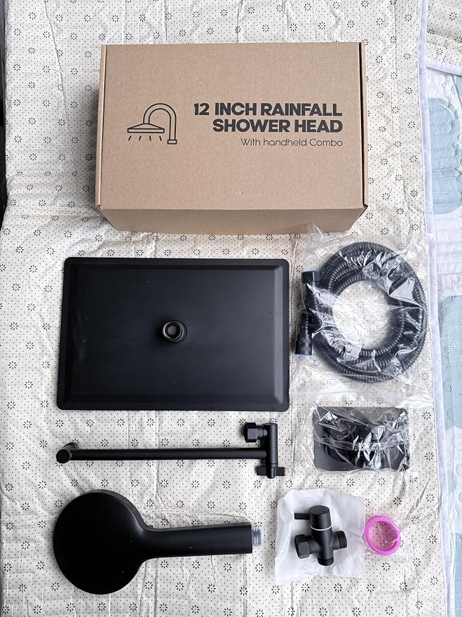 Shower Head,12”Rain Shower Head with Handheld Spray Combo with 11'' Angle Adjustable Extension Arm/Flow Regulator/Shower System,High Pressure Rainfall Shower Head Clean Bathroom,Matt Black