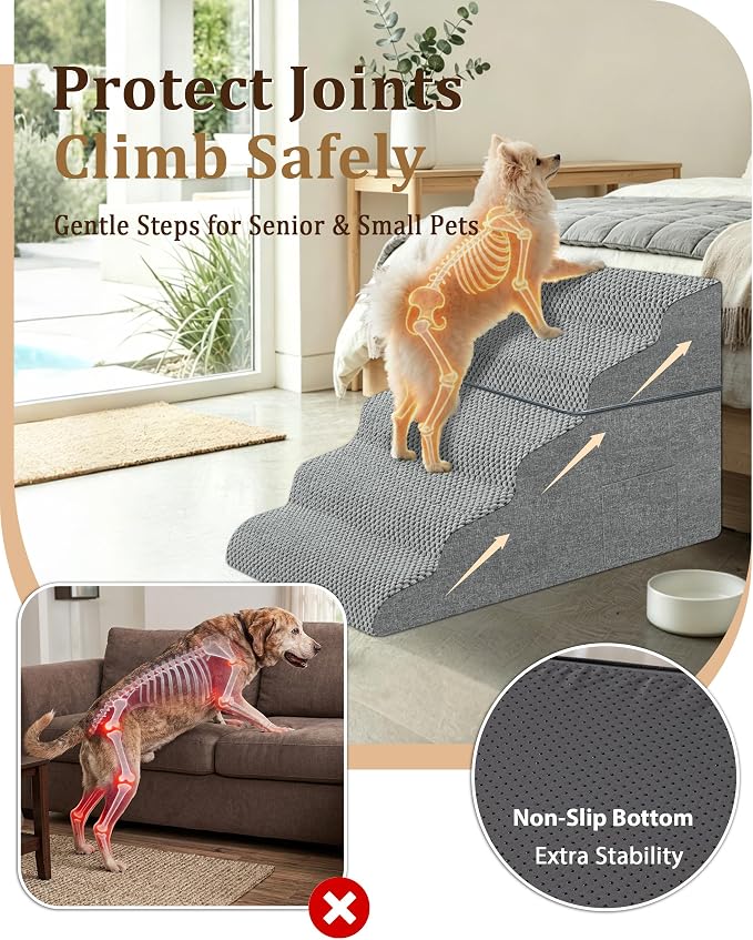 Dog Stairs for Bed, 22.8" H 5-Step Dog Steps for High Bed & Car, Non-Slip Stable Pet Stairs for Small Dogs, Gentle Climb Design, Foldable Pet Steps that Double as Cozy Pet Bed for Resting