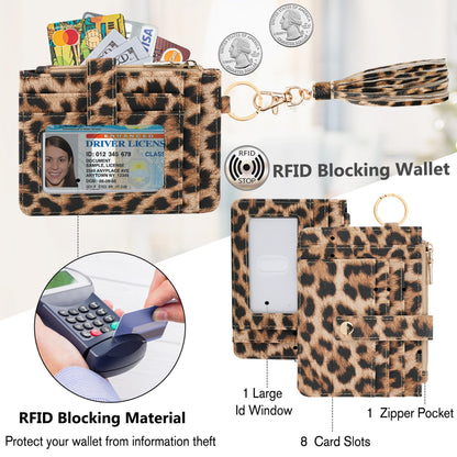 KNGITRYI Wallet Keychain Wristlet for Women,Slim RFID Credit Card Holder Purse Tassel Keychain Bangle Key Ring for Men Women(Leopard)