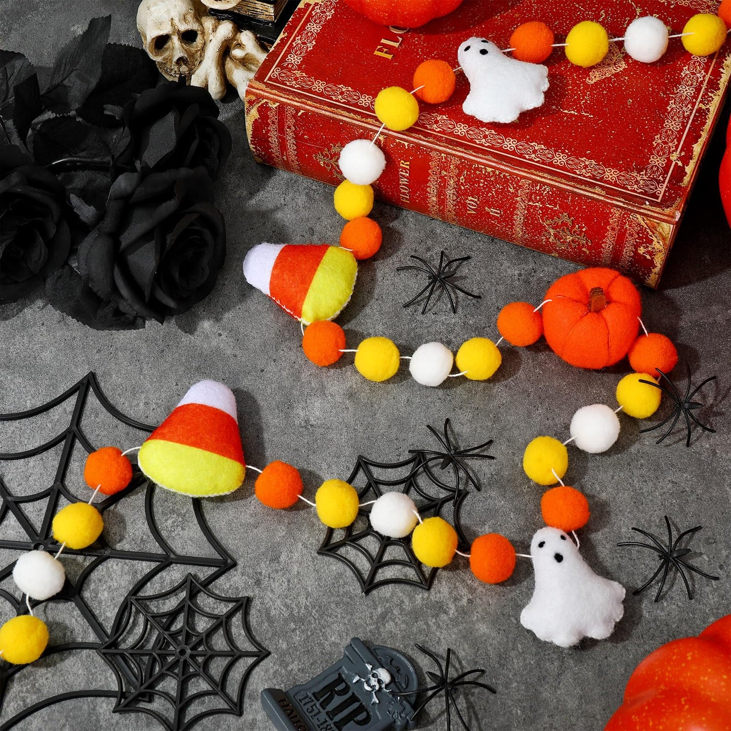 Whaline Halloween Felt Ball Banner Candy Corn Ghost Pumpkin Hanging Banner 3D Yellow White Pom Pom Garland for Halloween Party Supplies Fireplace Wall Home Decoration