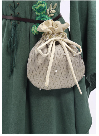 Medieval Velvet Pouch with Beads Drawstring Belt Purse Renaissance Waist Coin Bag for Ren Faire (Ivory)