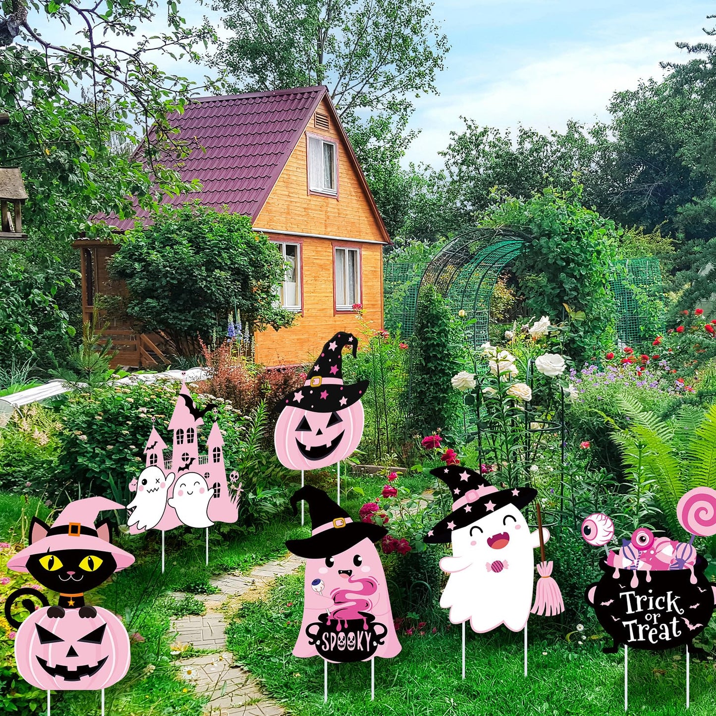 Huwena 12 Pcs Pink Halloween Decorations Cute Halloween Baby Shower Yard Stakes Spooky Pumpkin Cat Ghost Witch Garden Signs with Stakes for Halloween Happy Boo Party Lawn Patio Outdoor