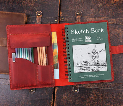 Robrasim Handmade Leather Sketchbook Cover, Leather Artist Sketch Pad Cover for 5.5" x 8.5" Sketchbook, Drawing Book and Pencil Case, Journal Notebook Portfolio, Artis Gifts-Wine