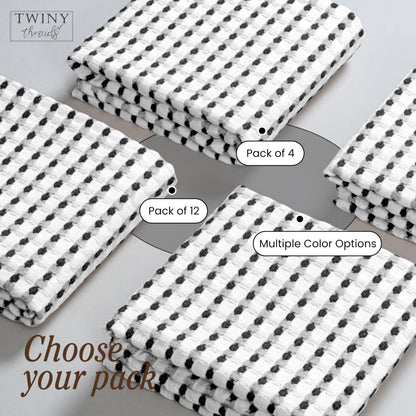 TWINY threads Waffle Kitchen Towels Set of 4, Large 16x26 Inches, 100% Cotton Absorbent Dish Cloths, Fast Dry & Machine Washable Waffle Weave Towel for Cooking, Baking & Cleaning, Black and White