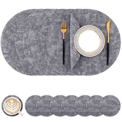 Homaxy Round Faux Leather Placemats and Coasters, Washable Dual-Side Table Mats, Wipeable Heat-Resistant Dining Place Mats for Outdoor and Indoor, Set of 8, Diameter 13 and 3.93 inch, Black
