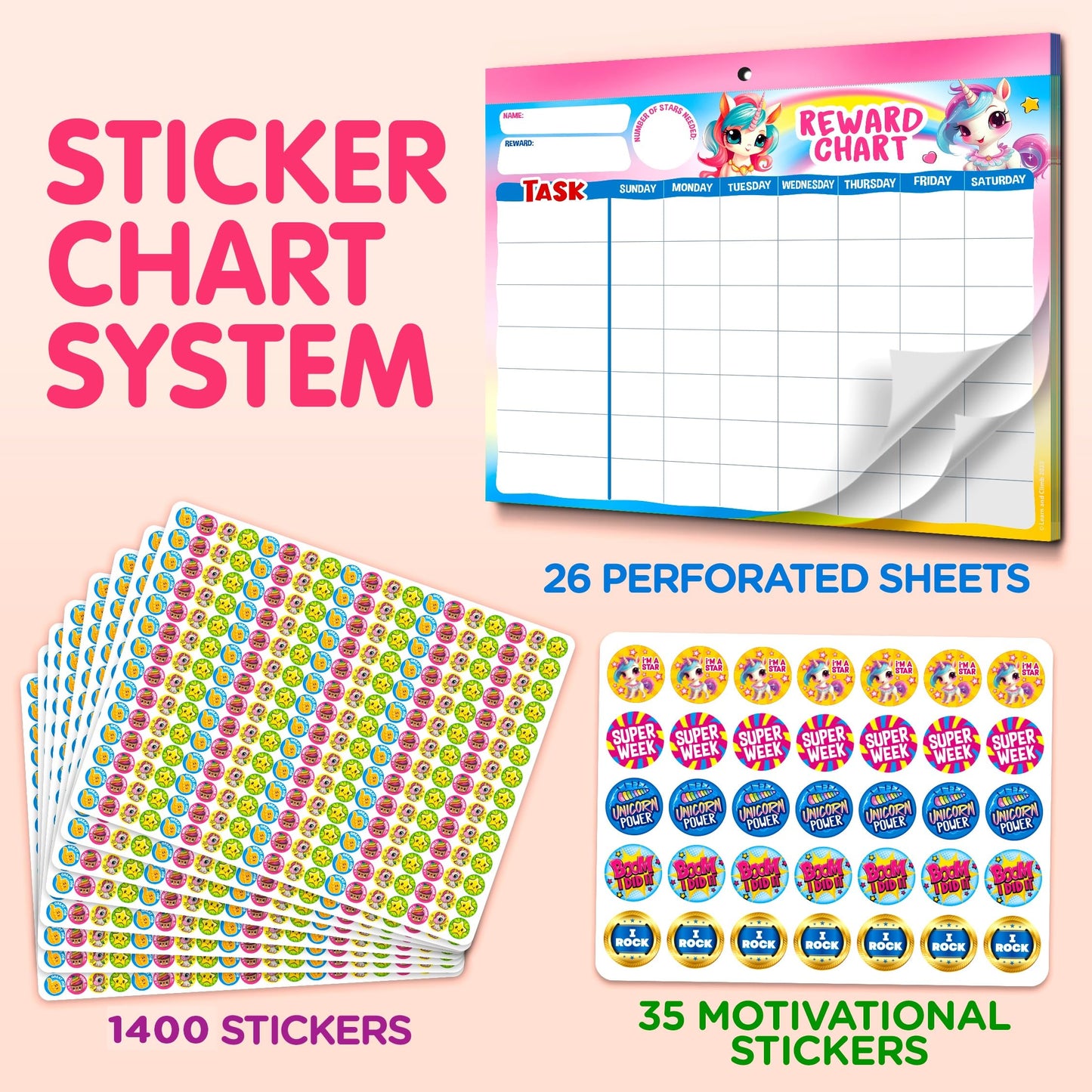 Behavior Reward System - Pad with 26 Chore Charts for Kids, 1400 Stickers to Motivate Responsibility & Good Habits (Unicorn)