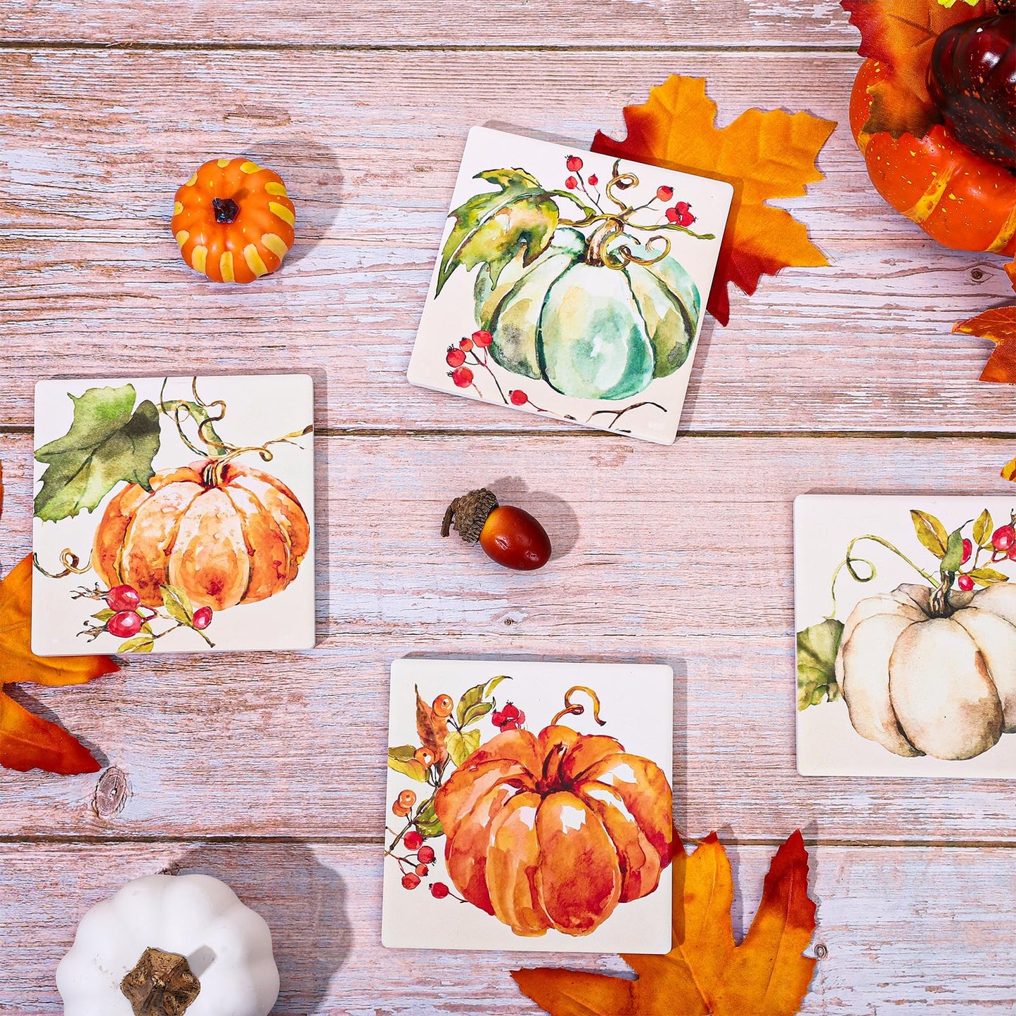 Whaline Fall Thanksgiving Coasters Watercolor Pumpkin Square Drink Coaster Autumn Harvest Absorbent Ceramic Cup Mat for Mugs Cups Home Kitchen Office Party Supplies, 4Pcs