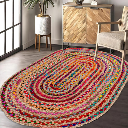 Savi Home Farmhouse Jute Cotton Chindi Rug 4x6 Oval Multicolor, Handwoven Braided Area Rug for Living Room, Kitchen, Entryway & Bathroom