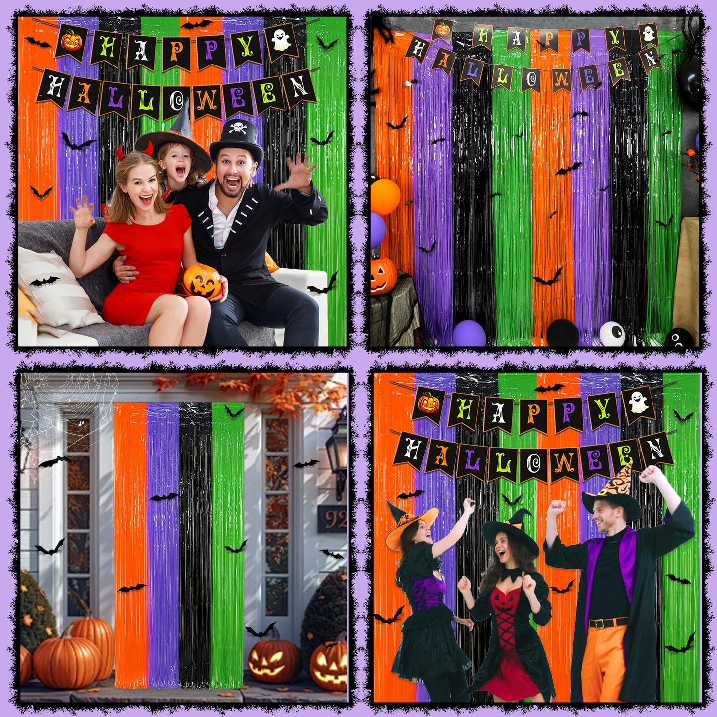 3 Pack Halloween Foil Fringe Curtains Party Decoration, Include 24pcs 3D Bat Stickers and Banner Tinsel Streamers Photo Booth Backdrop Wall Decor for Halloween Party Decoration Supplies
