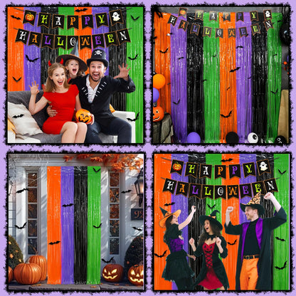 3 Pack Halloween Foil Fringe Curtains Party Decoration, Include 24pcs 3D Bat Stickers and Banner Tinsel Streamers Photo Booth Backdrop Wall Decor for Halloween Party Decoration Supplies