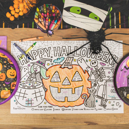 Tiny Expressions Halloween Placemats (Pack of 12 Pumpkin Placemats) | Coloring Activity Paper Table Mats for Parties & Events | Disposable Bulk Bundle Set