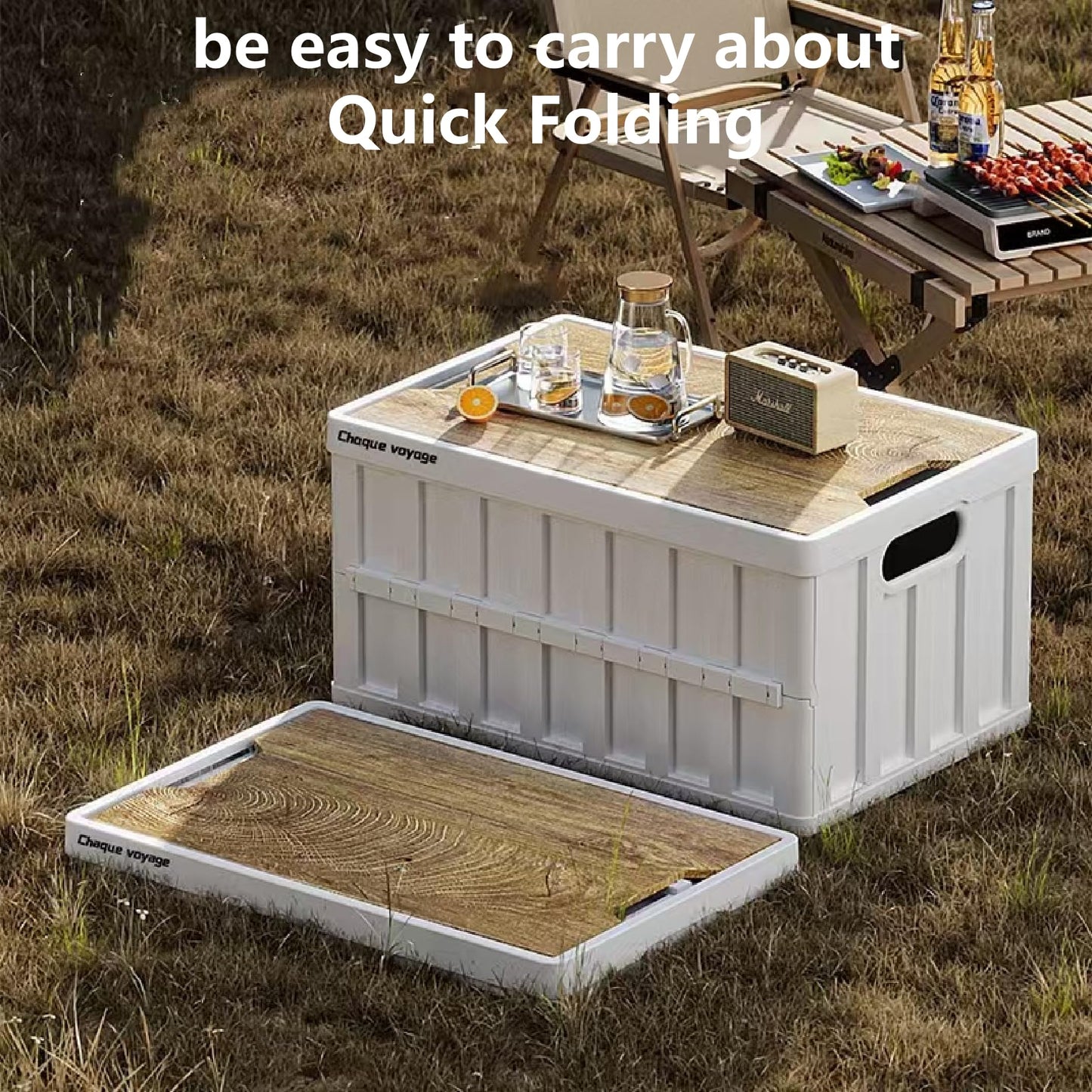 MEYINA 7.93-13.21 gallon large capacity camping folding box storage box organizing box, suitable for home, outdoor camping, car use - black, white, green (White stripes, 16.5x11x8.6)