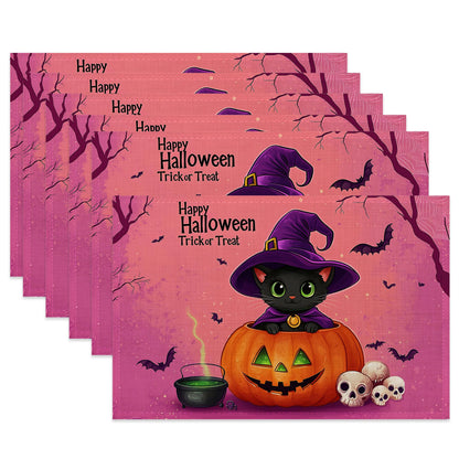 Black Cat Table Placemats Set of 6,Non-Slip Halloween Pumpkin Fabric Placemats for Dining Room Kitchen Party Holiday, Indoor Cloth Table Mats for Home Decor 11.8x17.7 Inch