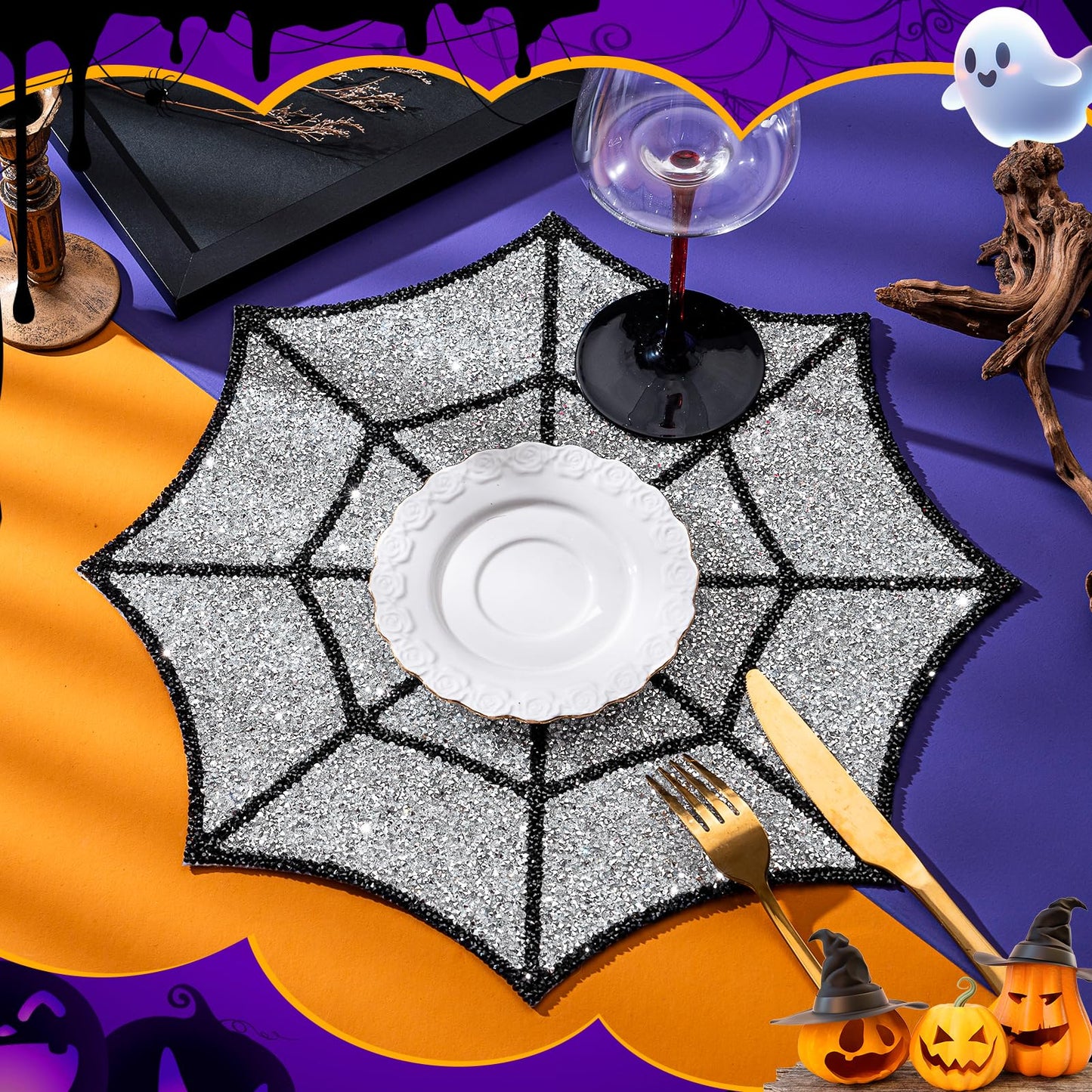 Cumouna Halloween Spiderweb Placemat, Halloween Table Mats Thanksgiving Fall Sparkle Spider Web Decoration Placemat for Centerpiece Kitchen Table Party Tableware Decor