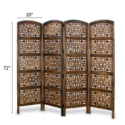 Room Divider Wood Screen - Rajasthan Antique Brown - 4 Panel Folding 72 x 80 - Intricate Hand Carved Decorative Functional Versatile Portable Partition Reversible Freestanding Privacy - COTTON CRAFT
