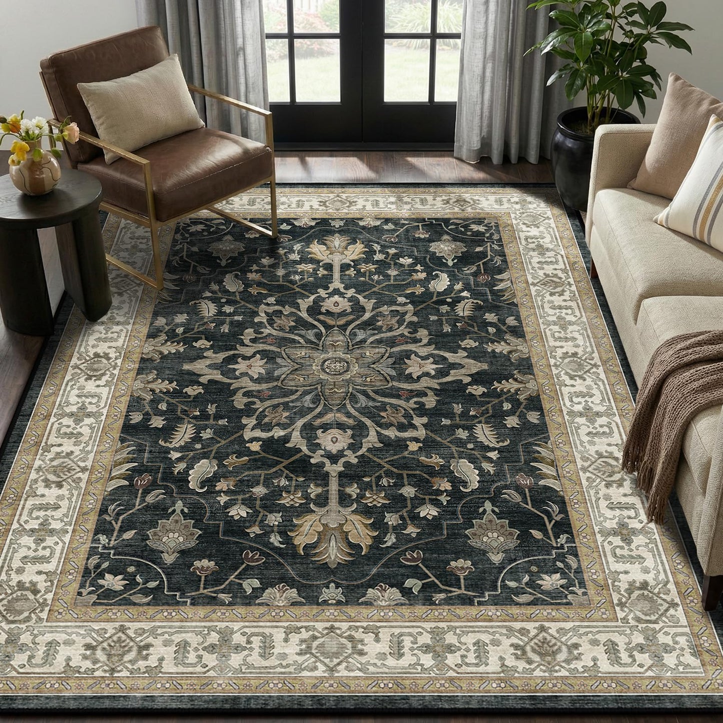 RELEANY Area Rugs 5'x7' Washable Vacuum-Friendly, Non-Slip, Floral Vintage Distress Print Pattern Medallion Carpet for Living Room Bedroom Vintage Black Beige Brown