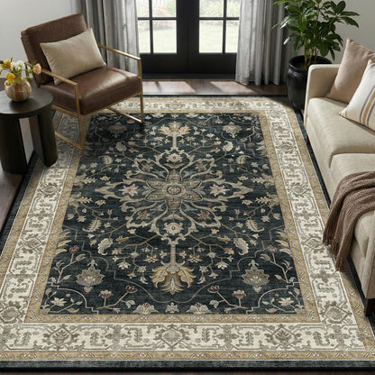 RELEANY Area Rugs 5'x7' Washable Vacuum-Friendly, Non-Slip, Floral Vintage Distress Print Pattern Medallion Carpet for Living Room Bedroom Vintage Black Beige Brown