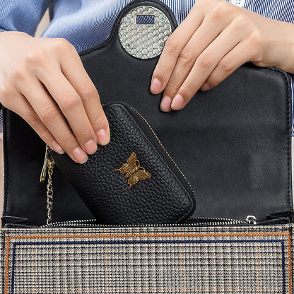 imeetu RFID Credit Card Holder for Women Genuine Leather Card Case Wallet with Zipper and Removable Keychain (Black)