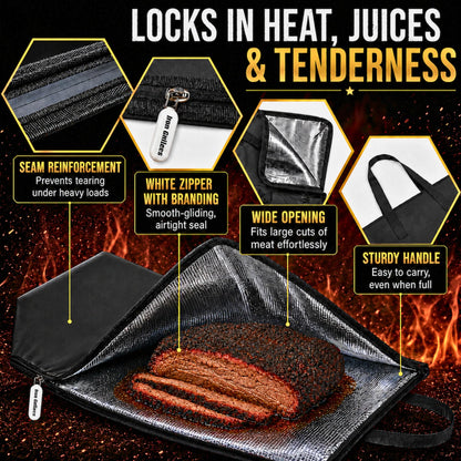 24" Leather BBQ Blanket for Resting Meat - Brisket Blanket Insulated Meat Resting Bag, Leak-Proof & Wide Mouth for Max Heat Retention - Built for Large Brisket, Pork, Beef & Turkey (24 Inch Black)