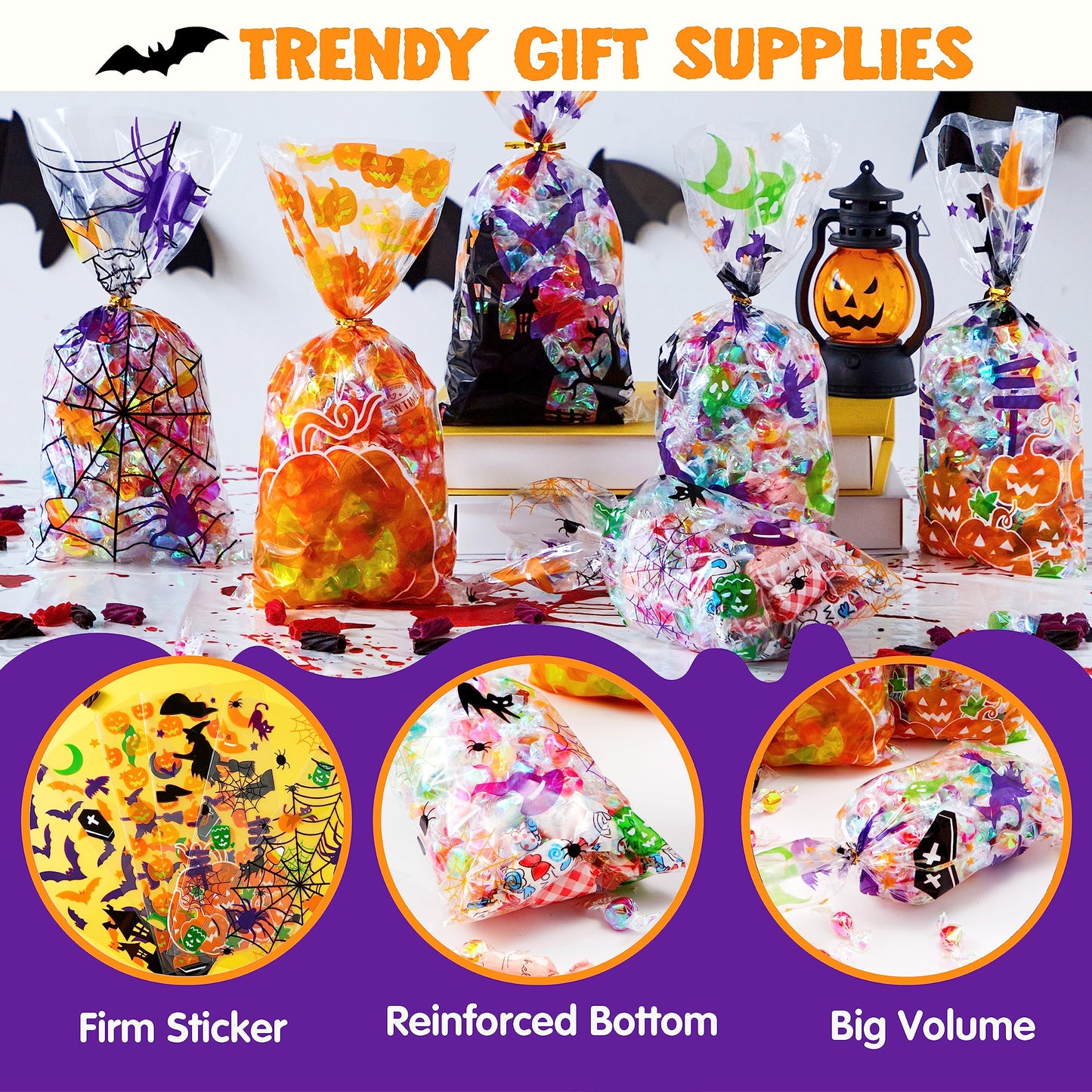 JOYIN 150 PCS Halloween Cellophane Candy Bags, Clear Treat Bags with Twist Ties, Halloween Trick or Treating Goodie Bag, Non Candy Cookie Bag Bulk for Kids Classroom Party Favors Supplies in 6 Design