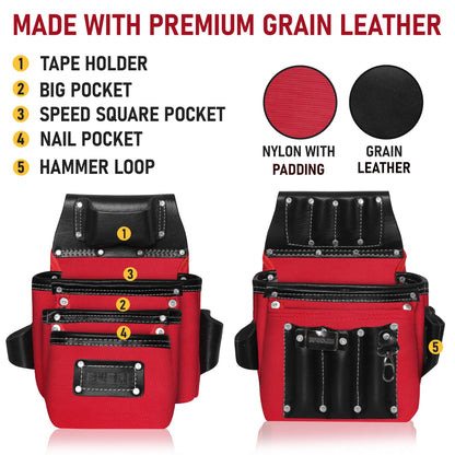 FUERI Heavy Duty 26 Pocket Tool Belt with Suspender | Grain Black Leather & Red Nylon Carpenter Tool Belt With 2 Large Pouches, Hammer Holder, Suspender Loops & Padded Belt, Ideal for Electricians