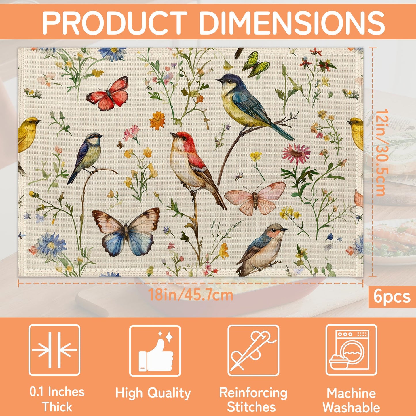Vintage Bird Placemats Set of 6,Butterfly Flower Waterproof Heat Resistant Dining Table Plate Mat for Home Kitchen Dining Table 12x18Inch