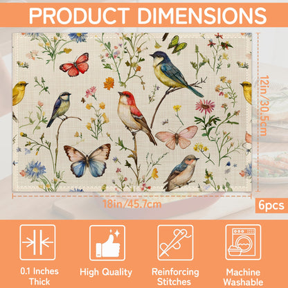Vintage Bird Placemats Set of 6,Butterfly Flower Waterproof Heat Resistant Dining Table Plate Mat for Home Kitchen Dining Table 12x18Inch