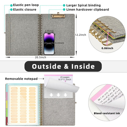Ospelelf Foldable Spiral Clipboard Folio with Storage Zipper Pouch, 5 Plastic Folders with 10 Pockets,Refillable Lined Notepad (11" x 8.5"), Hardcover Project Organizer with 39 Stickers (Grey)