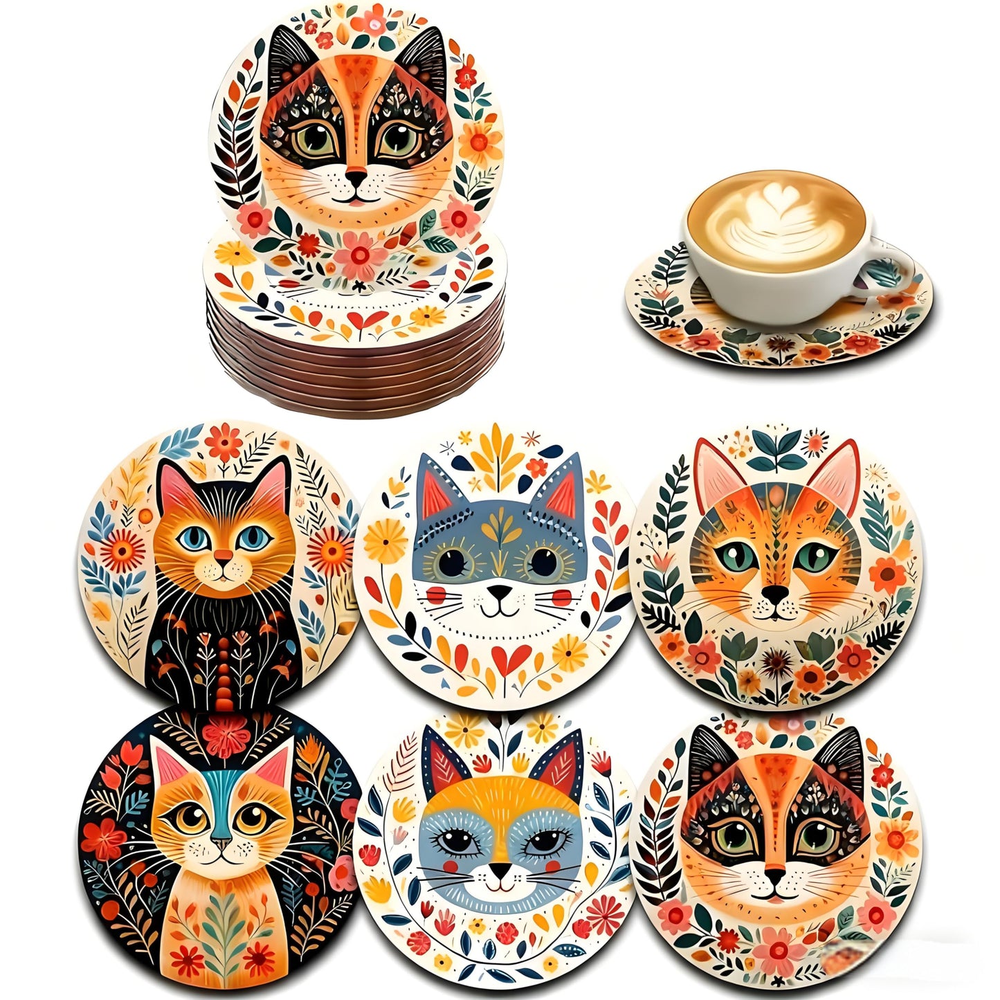 Monattrod Wood Coasters Set of 6 - Handcrafted Drink Coaster Thick Heat-Resistant for Office, Bar, Farmhouse - Cute Cat Drink Cup Coasters for Table Protection