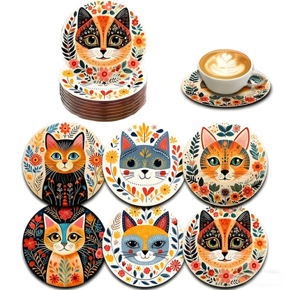 Monattrod Wood Coasters Set of 6 - Handcrafted Drink Coaster Thick Heat-Resistant for Office, Bar, Farmhouse - Cute Cat Drink Cup Coasters for Table Protection