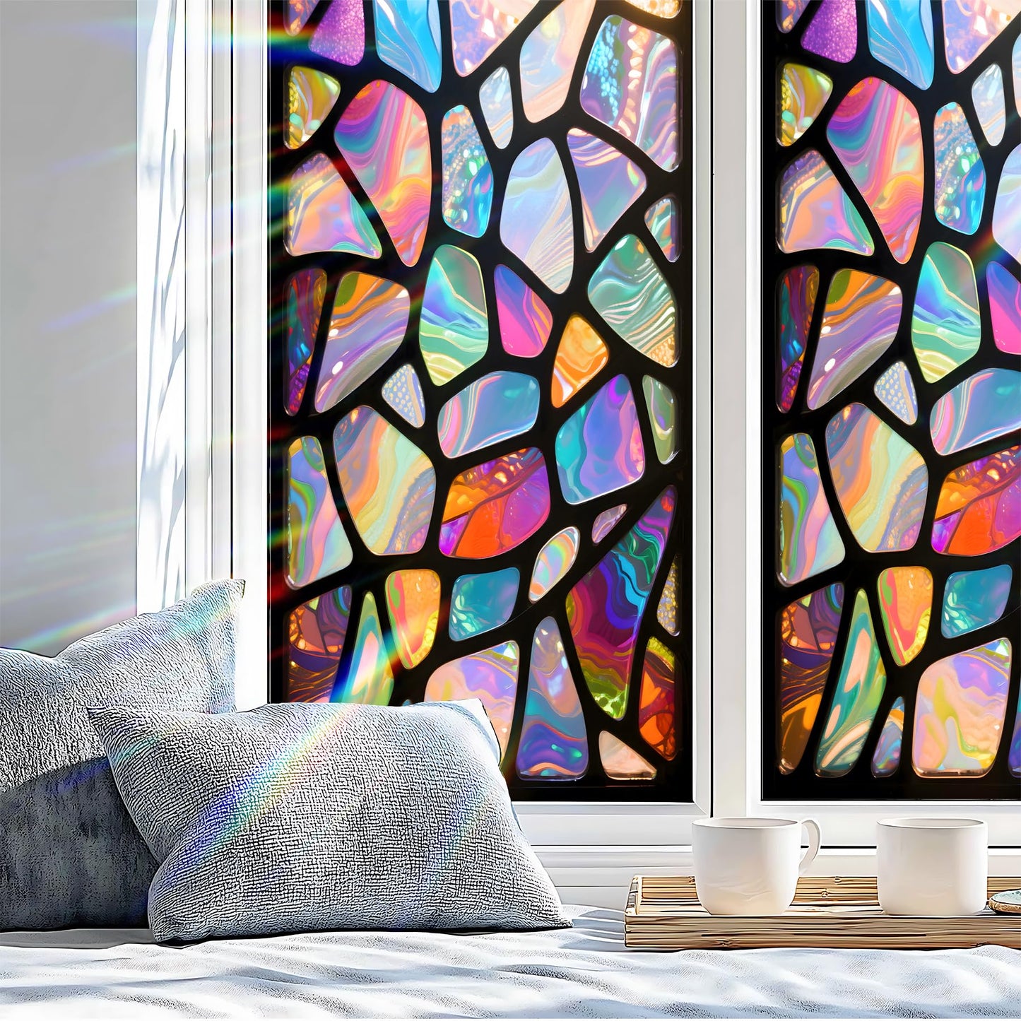 AOHMPT Stained Glass Window Privacy Film: Non-Adhesive Sun and Landscape Mosaic Design, Removable Stickers Window Covering for Home Decor (Z1584)
