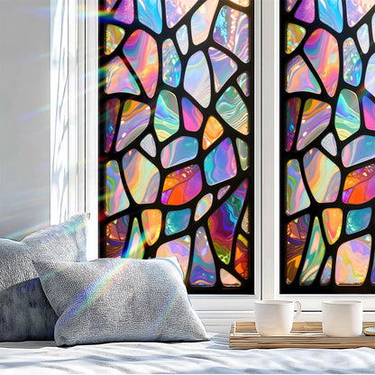 AOHMPT Stained Glass Window Privacy Film: Non-Adhesive Sun and Landscape Mosaic Design, Removable Stickers Window Covering for Home Decor (Z1584)