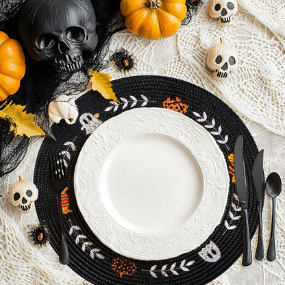 Whaline 4 Pcs Round Halloween Placemats Embroidered Place Mats Spooky Ghost Pumpkin Candy Dinner Table Mats for Home Halloween Trick or Treat Party Table Decor