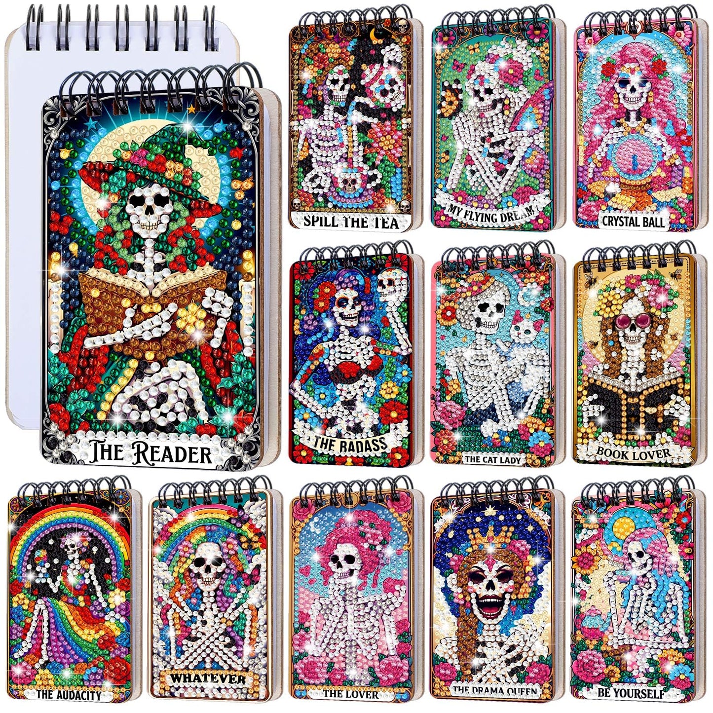 Fuyoooo 12 Pcs Summer Halloween Diamond Art Notebook Kits for Adults DIY Hawaiian Halloween Diamond Painting Notebook Gift Set Cover Notepad 5d Pink Skull Journal Art Crafts Accessories with Tools