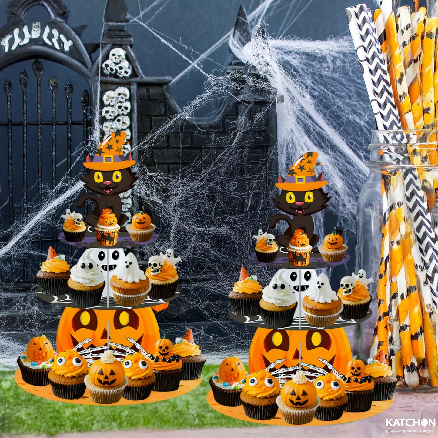 KatchOn, Halloween Cupcake Stand - Pack of 2 | 3-Tier, Cupcake Tower for Halloween Dessert Table, Cupcake Holder, Indoor & Outdoor Decor, Pumpkin Cake Stand, Halloween Cake Decorations