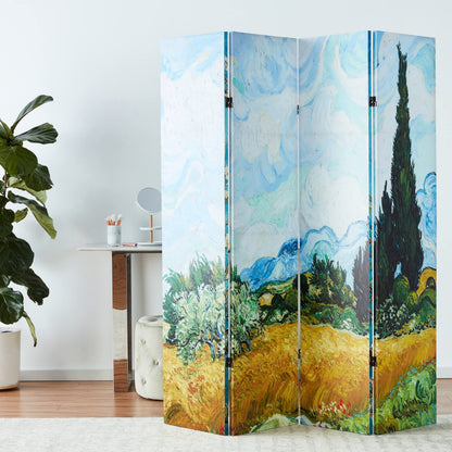 Red Lantern Double Sided Works of Van Gogh Canvas Folding Screen - Almond Blossoms/Wheat Field, 6 ft Tall - 4 Panel