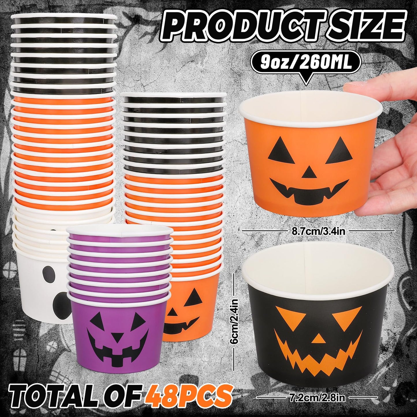48 Pcs Halloween Treat Snack Cups Pumpkin Ghost Disposable Paper Bowls 9 Oz Paper Cups Dessert Ice Cream Bowls for Trick or Treat Birthday Movie Party Favor Supplies