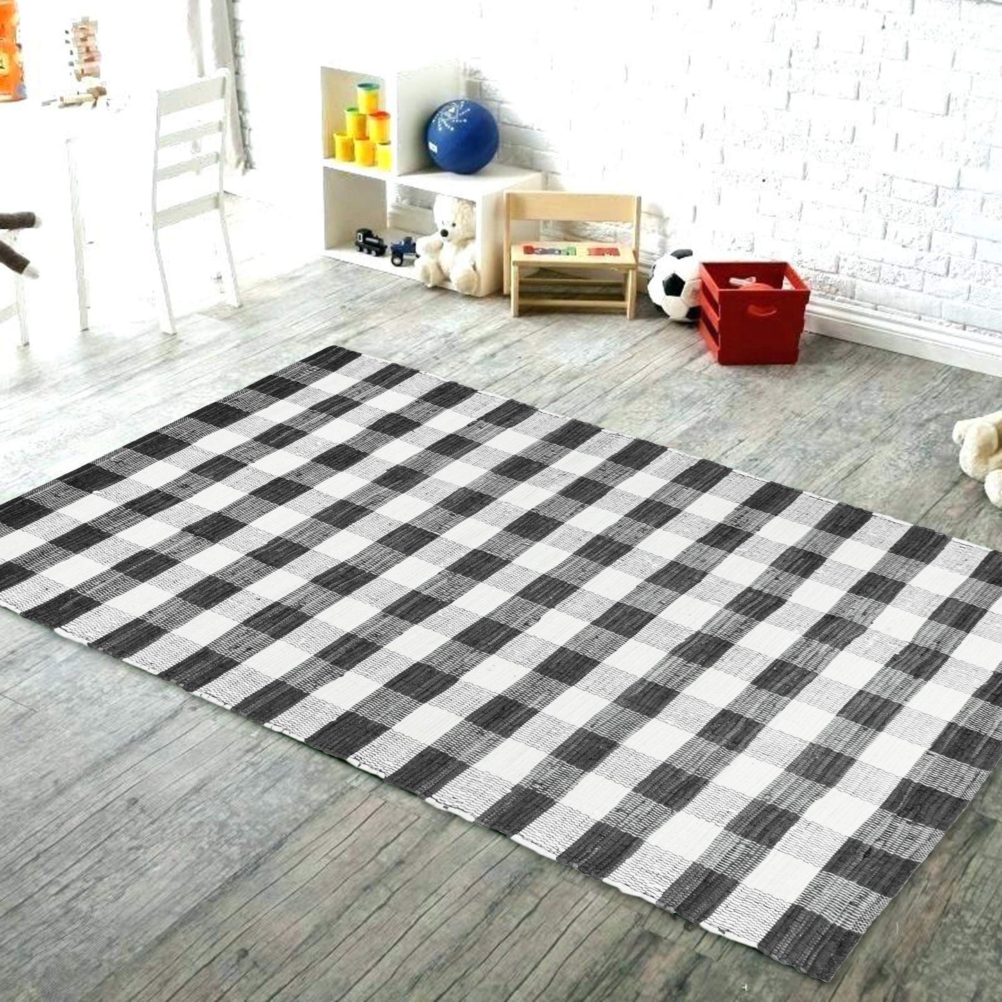 GLAMBURG Cotton Reversible Area Rug 3' x 5' Farmhouse Floor Mat, Handwoven Washable Carpet Checkered Plaid Rug for Front Porch Living Room Kitchen Bedroom - Black White