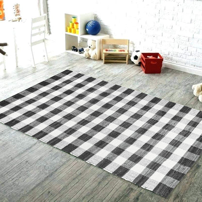 GLAMBURG Cotton Reversible Area Rug 3' x 5' Farmhouse Floor Mat, Handwoven Washable Carpet Checkered Plaid Rug for Front Porch Living Room Kitchen Bedroom - Black White