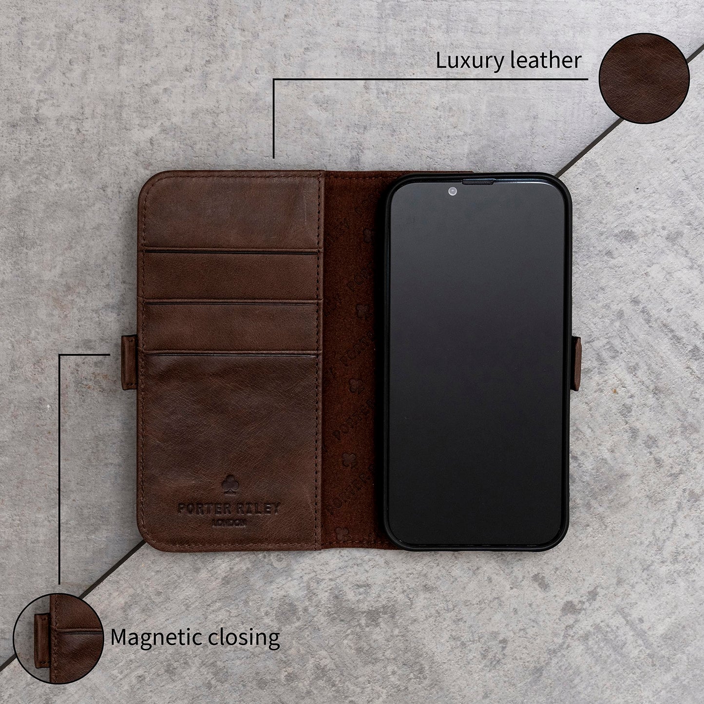 Porter Riley - Leather Case for Samsung Galaxy S24. Premium Genuine Leather Stand Case/Wallet/Cover (Chocolate Brown)