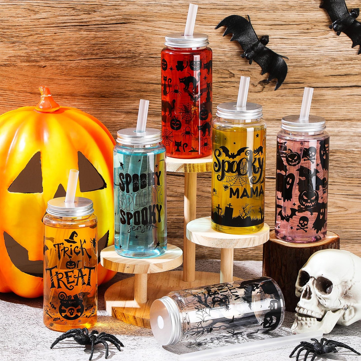 Pickmesh 48 Pcs Halloween Cups 13.5 oz Ghost Spooky Plastic Cups with Lids and Straws Bulk for Halloween Party Supplies Pumpkin Skinny Drinking Tumblers Mugs Gifts for Women