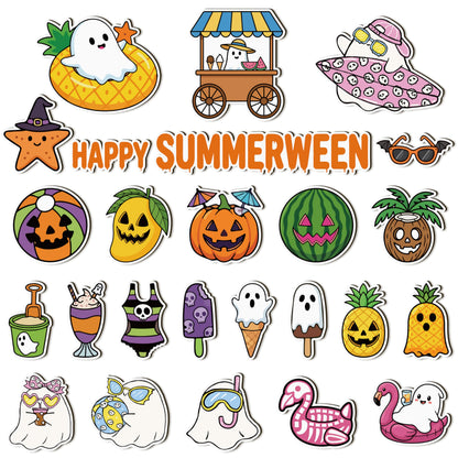 Eartim Summerween Spooky Fridge Magnet - 25Pcs Cartoon Summer Fruit Ice Cream Pumpkin Ghost Refrigerator Magnetic Sticker for Summer Theme Kids Birthday Party Refrigerator Class Bulletin Board Decor