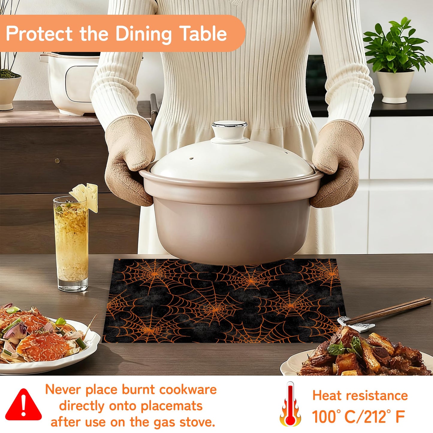 Spider Web Placemats Set of 6,Halloween Dinner Table Mats Non-Slip Washable Mats for Kitchen Dinner Party Tablemat 12x18Inch