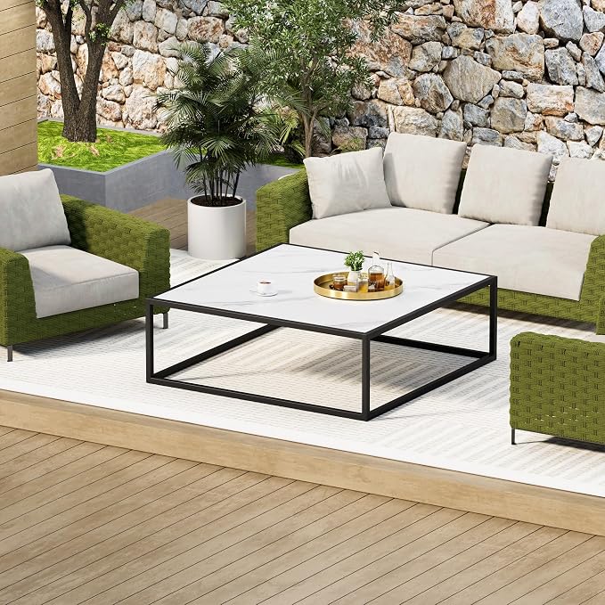 31.5" Square Coffee Table, Mid-Century Modern White Center Table for Living Room, Floor Table for Sitting on The Floor, Wood Cocktail Tea Contemporary Tables with Metal Frame for Office Apartment Home