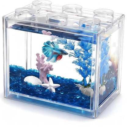 Small Betta Fish Tank, Mini Fish Tank Aquarium Tank Kit with Blue Gravel & Resin Decorations, 0.6 Gallon Stackable Fish Bowl Tiny Desktop Aquarium for Sea Monkey Shrimp