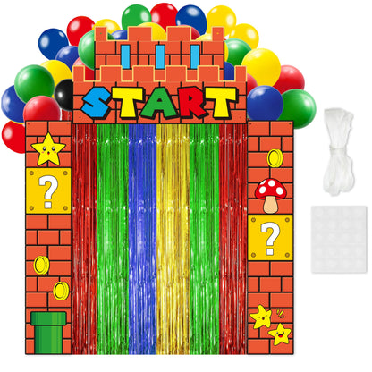 JewGewenil Super Adventure Theme Party Banners - 25Pcs Red Green Blue Yellow Foil Fringe Backdrop Curtains and Balloon Decoration Set, Magic Inspired Design for Classroom Birthday Photo Booth (Start)