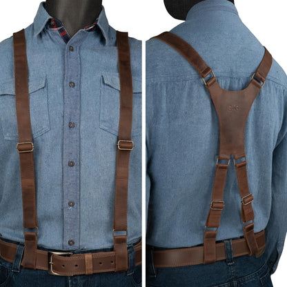 Hide & Groom, X Back Suspender with Belt Loops for Groomsmen, Formal Wear for Weddings, Full Grain Leather, Handmade (Bourbon Brown)